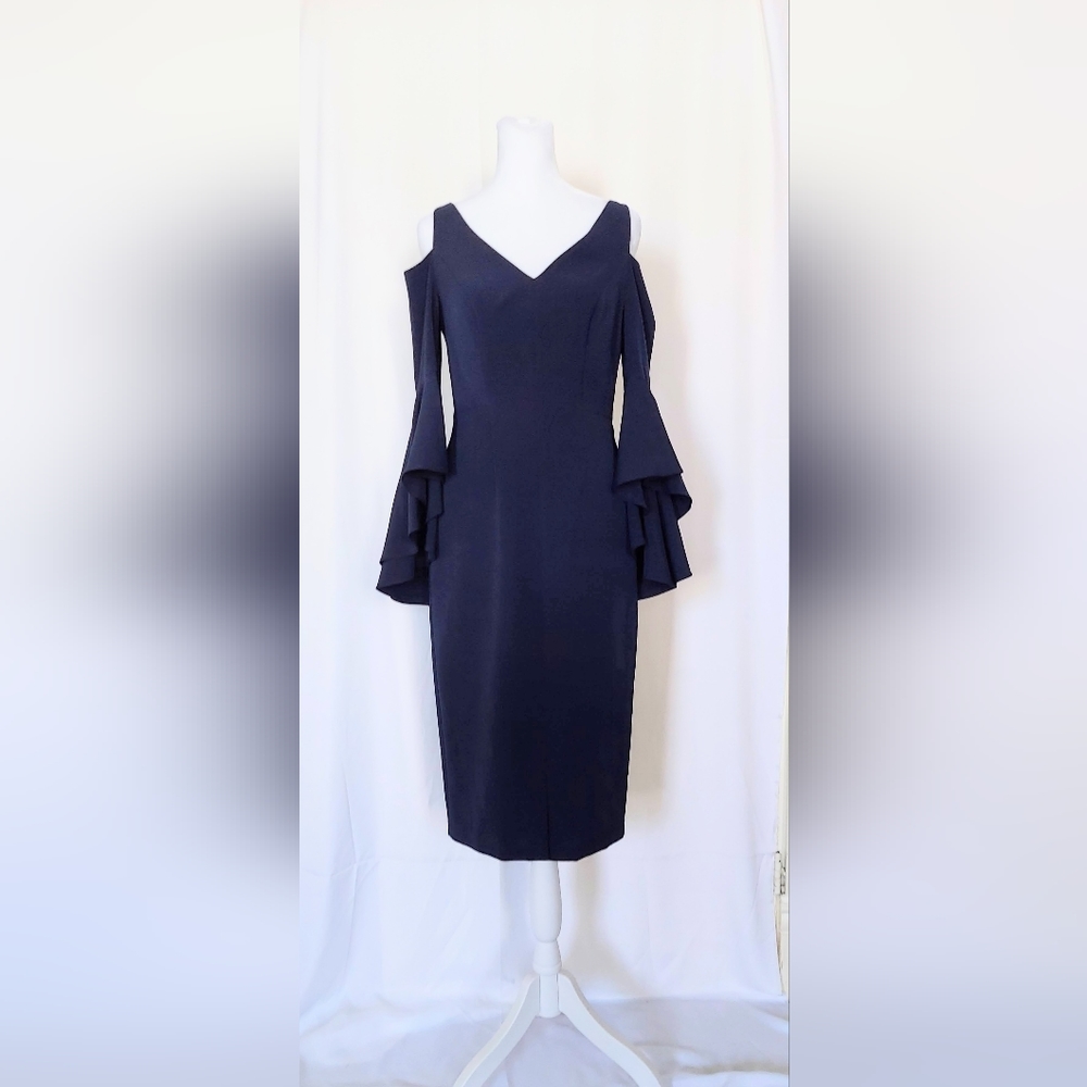 Maggy London V Neck Cold Shoulder Blue Bell Sleeve Dress Blue Size 0